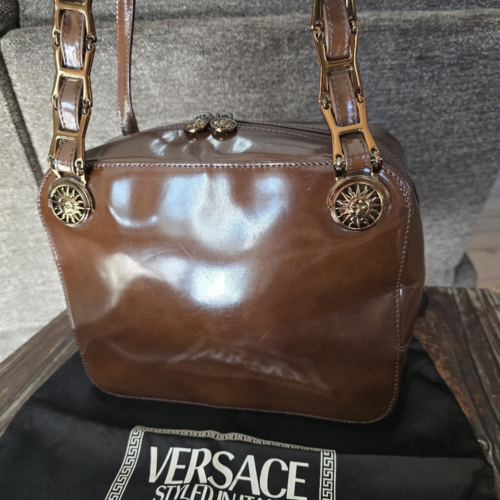 Authentic Versace Brown Patent Leather Shoulder Bag